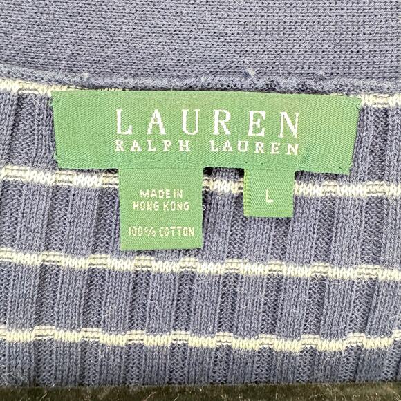 Lauren Ralph Lauren Navy White Striped Cotton Cardigan Sweater L coastal - Picture 4 of 5